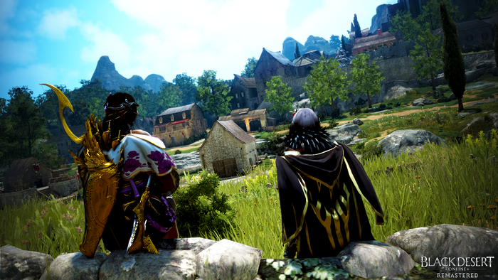 Two characters from Black Desert Online overlooking a village