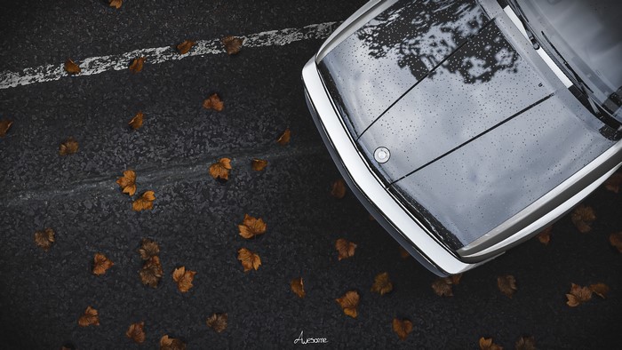 BMW M3 E30 on wet asphalt with fallen leaves