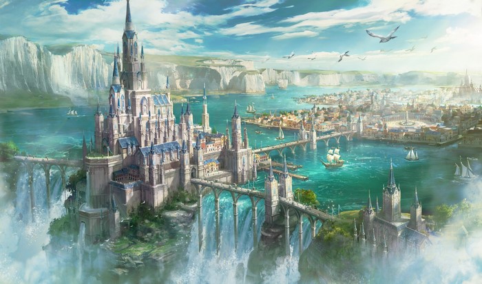 Fantasy castle city with waterfalls and sailing ships