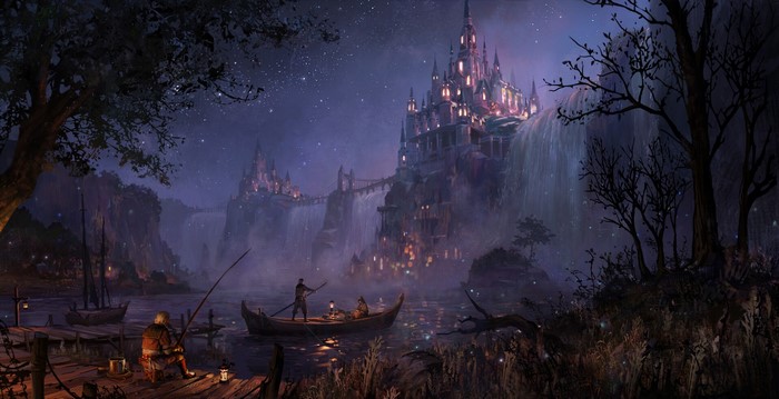 Fantasy castle by a lake with people in a boat