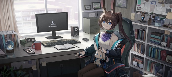 Amiya from Arknights in a room with a computer