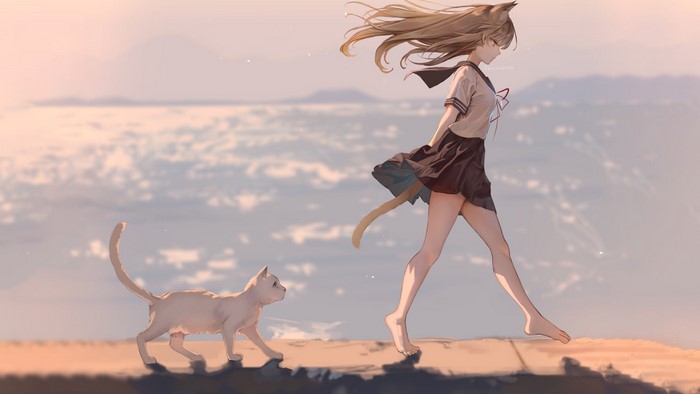 Anime cat girl in school uniform walks with a cat