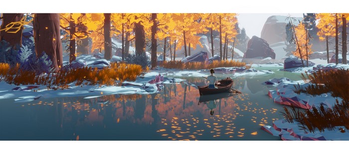 Person rowing a boat in a snowy forest with autumn trees