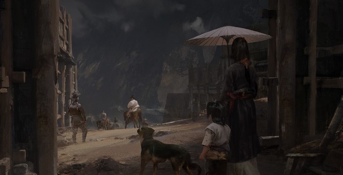 People and dog in a village with mountains