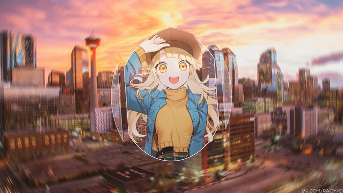 Anime girl in hat with city background