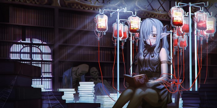 Anime girl with blue hair and pointed ears reading in a library with blood bags