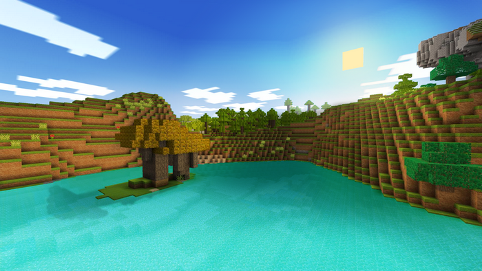 Minecraft landscape with lake and trees