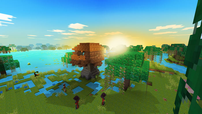 Minecraft swamp landscape at sunrise with pixel art trees