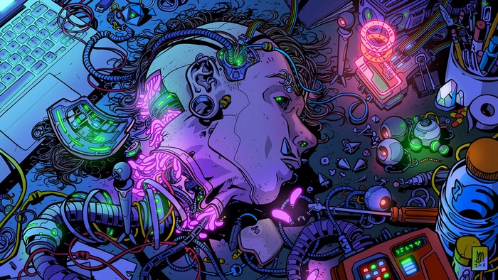 Cyberpunk cyborg head with wires and tools