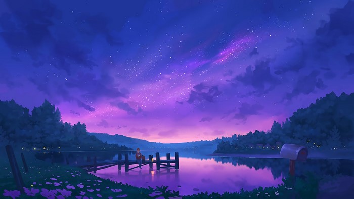 Digital art of a starry night sky over a lake