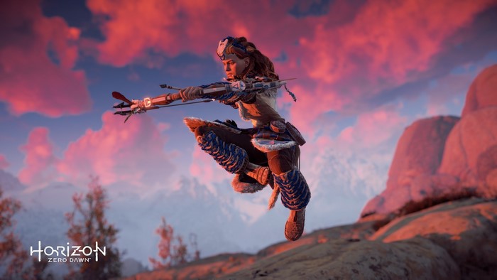Aloy from Horizon Zero Dawn with a bow and arrow