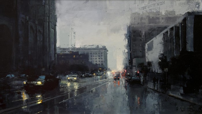 City street scene with cars on a rainy day