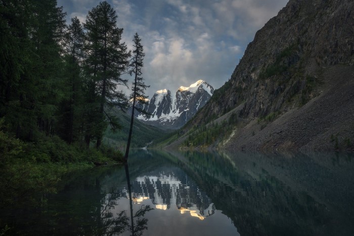 Snowy mountain peaks reflected in a lake with trees