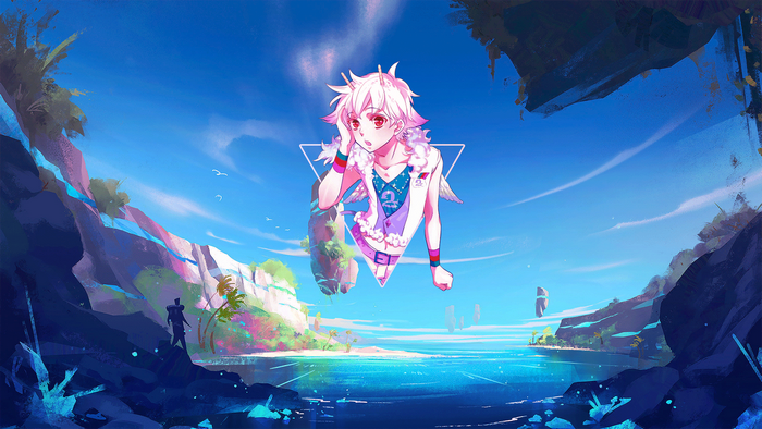 Anime boy with wings floating in a fantasy landscape