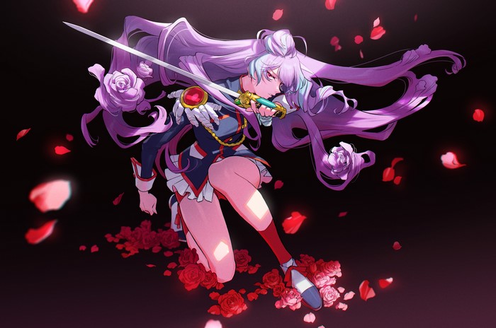 Mikumo Guynemer from Macross Delta with sword and roses