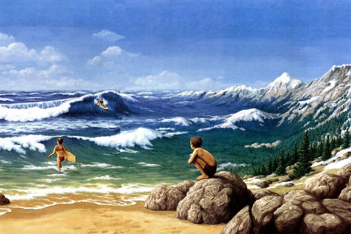 Surreal painting of surfers and mountains by Rob Gonsalves