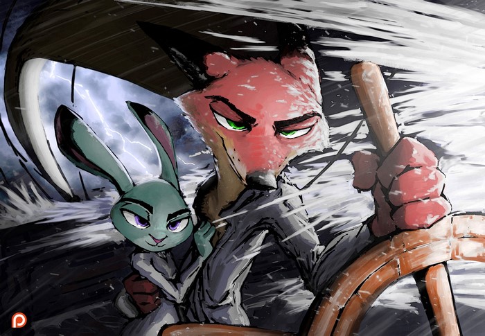 Nick Wilde and Judy Hopps from Zootopia in a storm