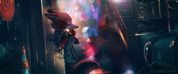 Nick Wilde from Zootopia in a noir setting