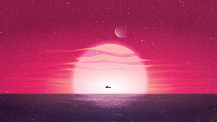 Artwork of a ship sailing on the sea at sunset with birds and a crescent moon