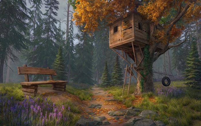Tree house in a forest with a bench and path