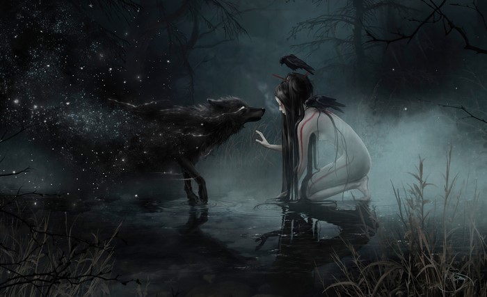 Woman and wolf in a dark, misty forest by water