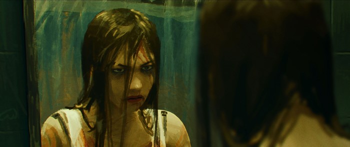 Woman with blood in mirror