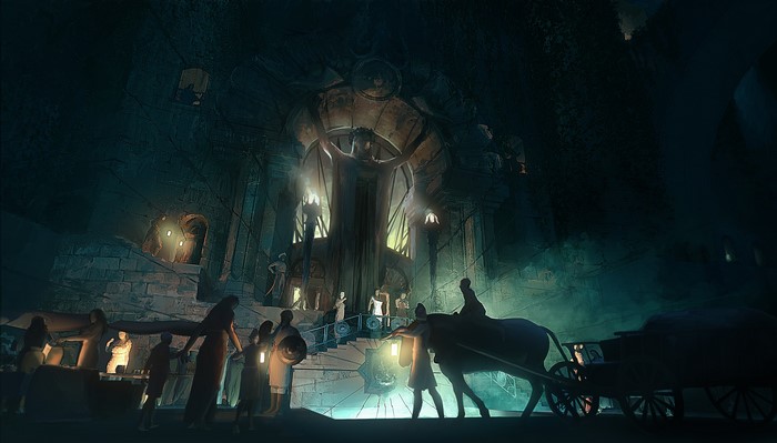 Fantasy temple with people and a horse-drawn cart