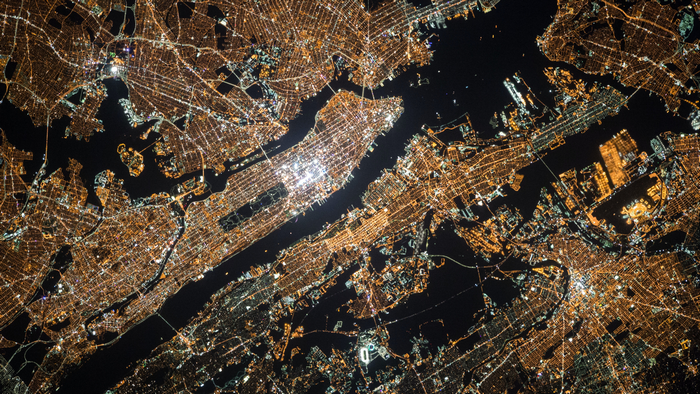Aerial view of New York City at night from space