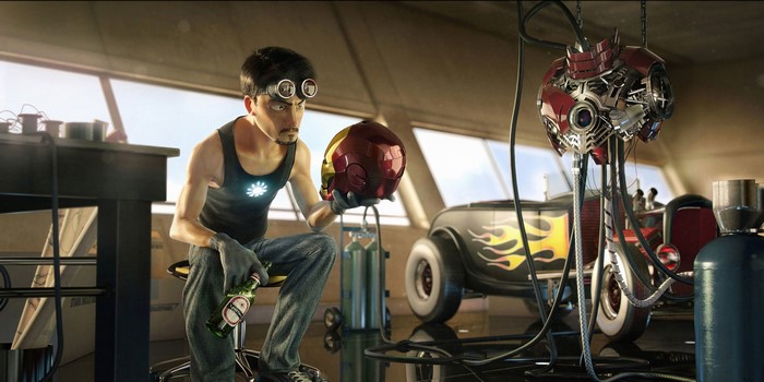 Tony Stark with Iron Man helmet and robotic head
