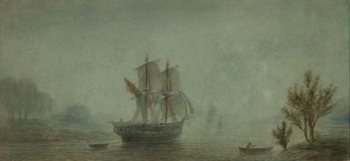 Ship on the water with trees and a boat