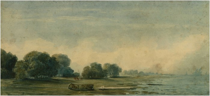Landscape painting of a river with boats and trees