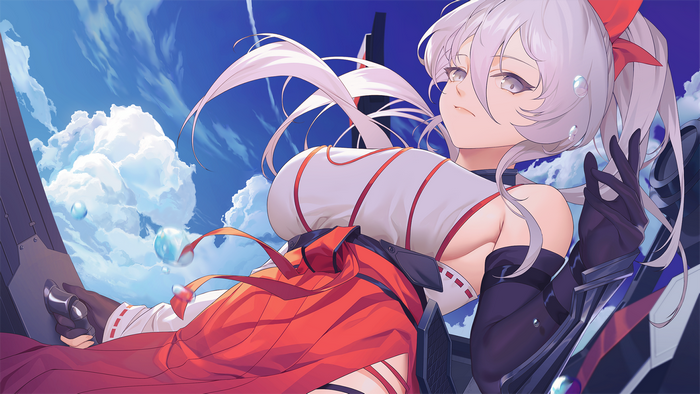 Anime girl with white hair and red outfit in the sky