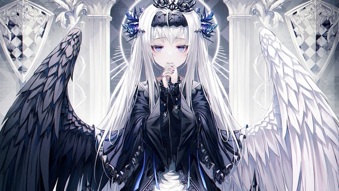 Anime Girl with Black and White Wings