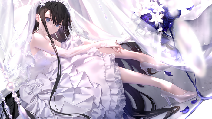 Anime girl with black hair and blue eyes in wedding attire