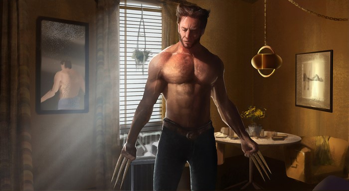 Wolverine from X-Men with claws in a room