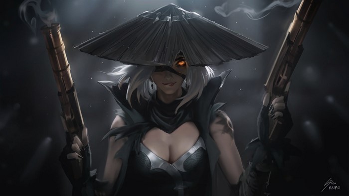 Girl with guns and hat by Raikoart