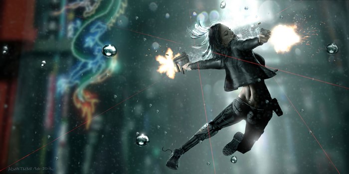 Woman firing guns in futuristic city