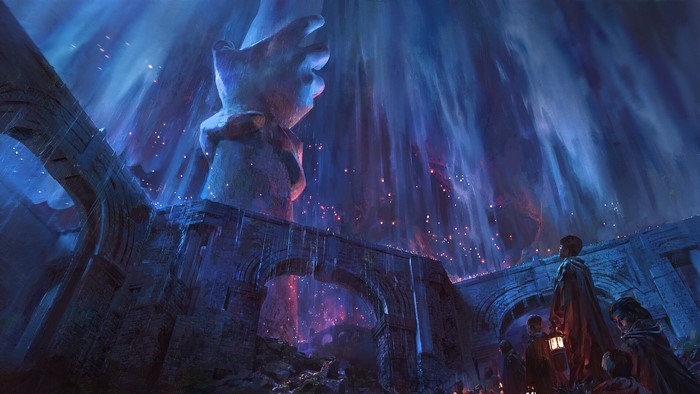 Fantasy art of a giant hand statue in a ruined temple