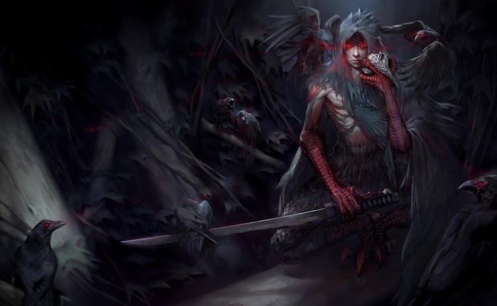 Dark fantasy creature with crows and sword