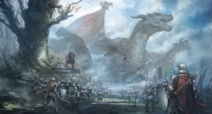 Fantasy artwork of a dragon and an army