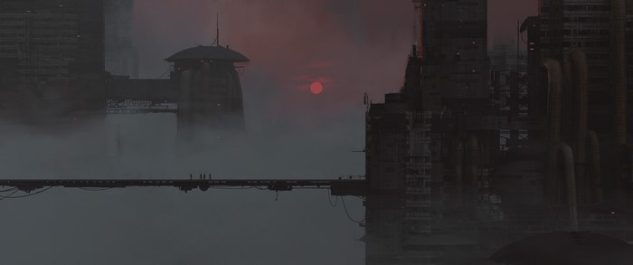 Futuristic dystopian city at sunset with a bridge