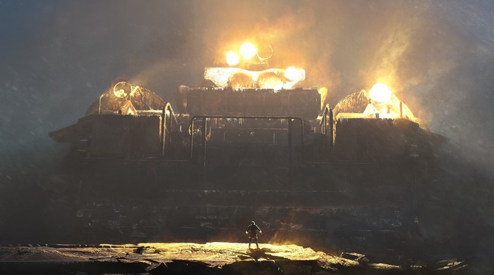 Man standing before a burning, futuristic tank in the mist