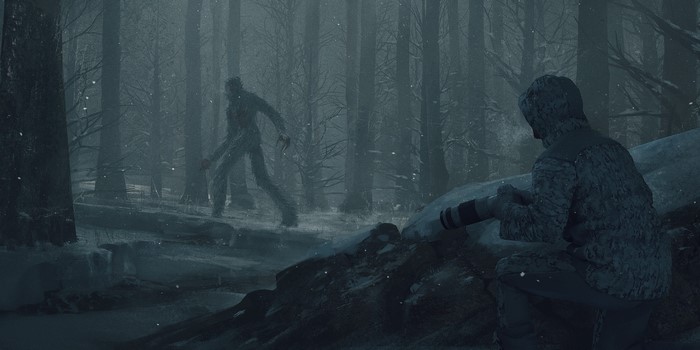 Creature in snowy forest with person holding camera