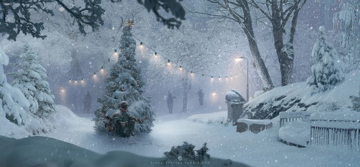 Soldiers and dog in a snowy park with Christmas lights