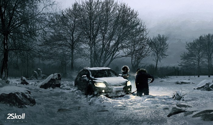 Artwork of car stuck in snow at night