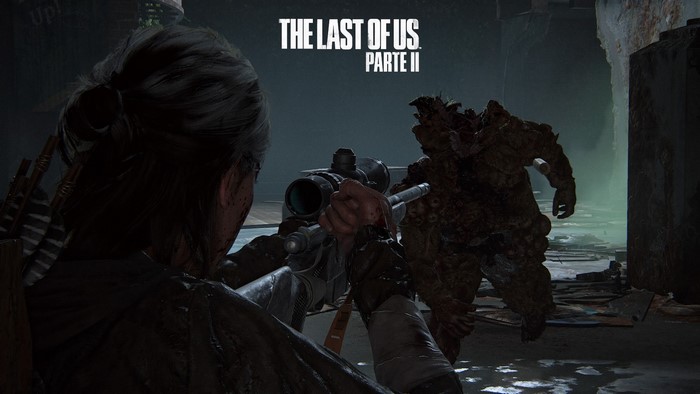 Ellie from The Last of Us Part II aiming a sniper rifle at a Clicker