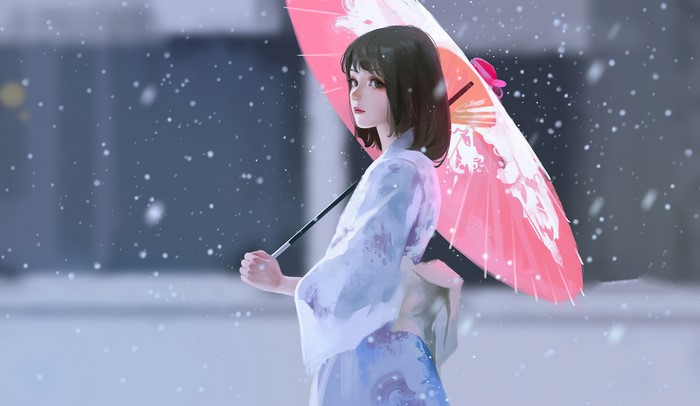 Girl in Kimono Holding Pink Umbrella in Snow