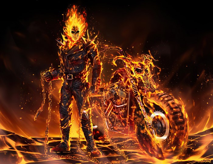 Ghost Rider with Flaming Skull and Motorcycle