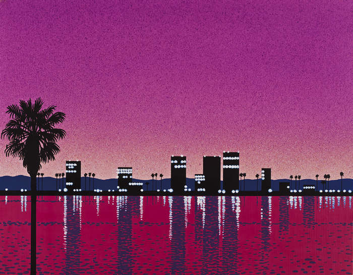 4K Hiroshi Nagai Retrowave Cityscape with Palm Trees and Water