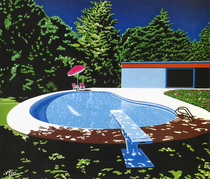 Retrowave painting of a swimming pool by Hiroshi Nagai